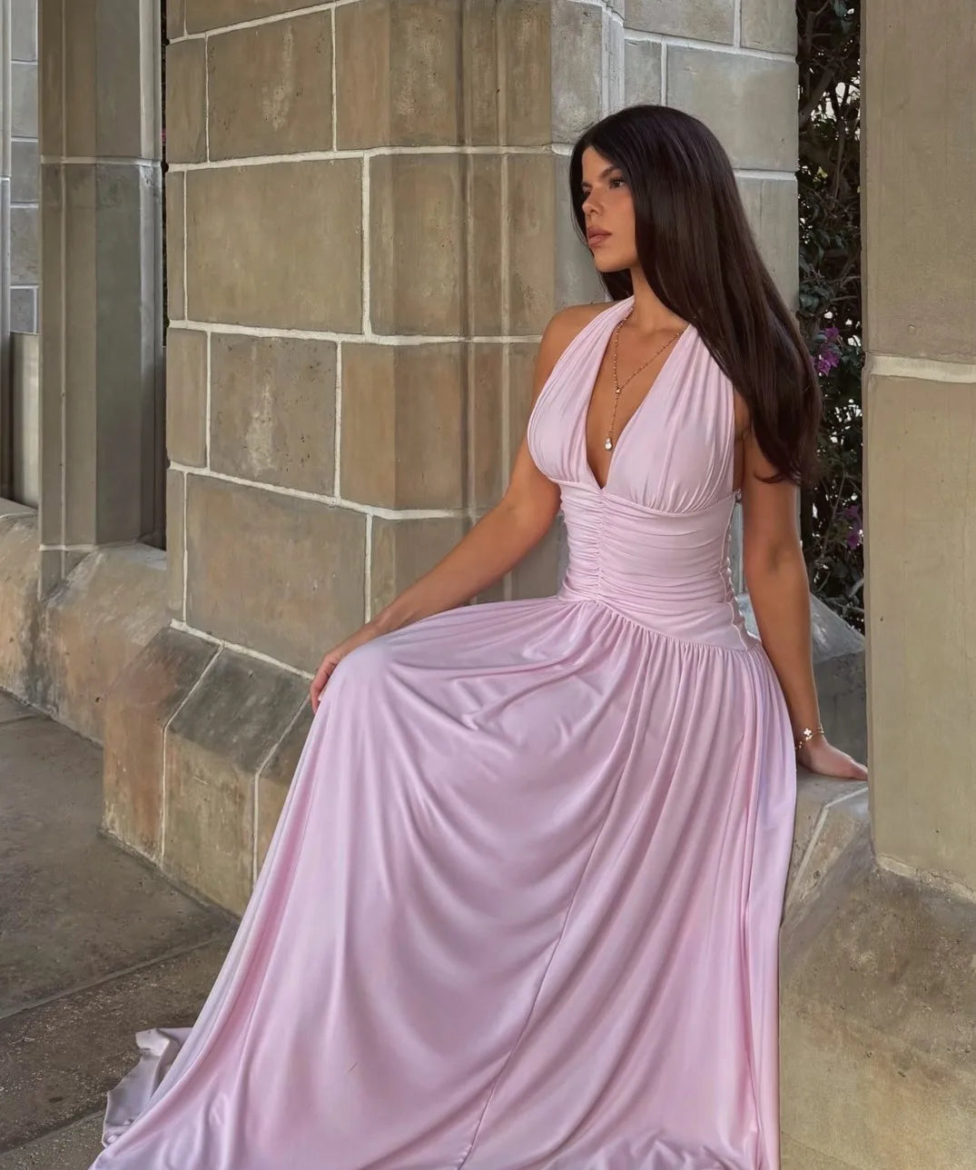 Halter Deep V Draped Maxi Waist Slimming Elegant Date Vacation Dress