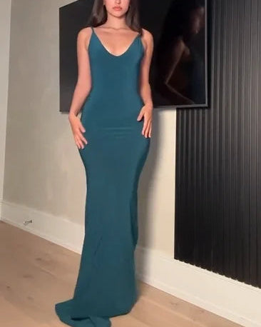 Sexy U Collar Strap Backless Solid Color Maxi Dress