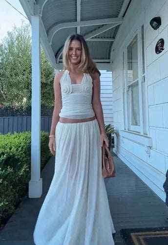 Off-White 3D Decor Halter Backless Ruched Top & Flowy Maxi Skirt Vacation Two-Piece Set