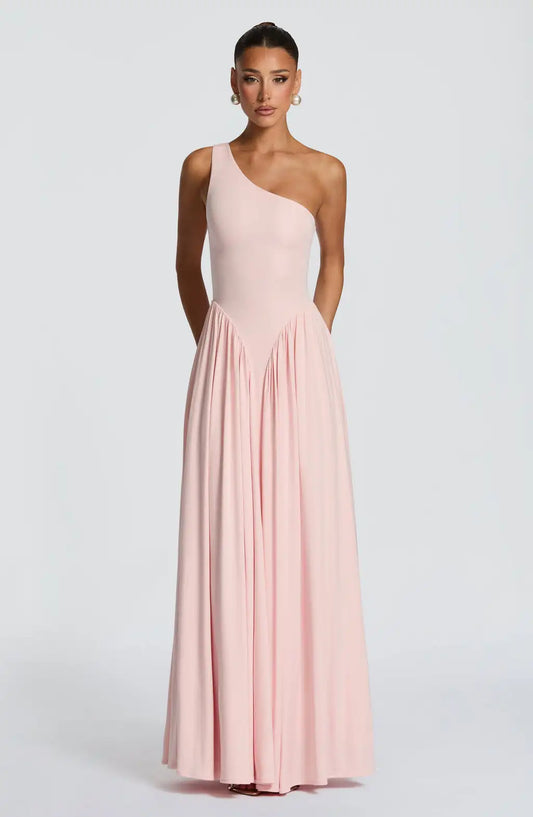 Sleeveless One-Shoulder Pleated Gown