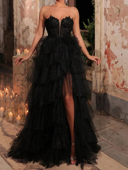 Sexy Sleeveless Cold-Shoulder Lace Tube Top High Slit Maxi Dress