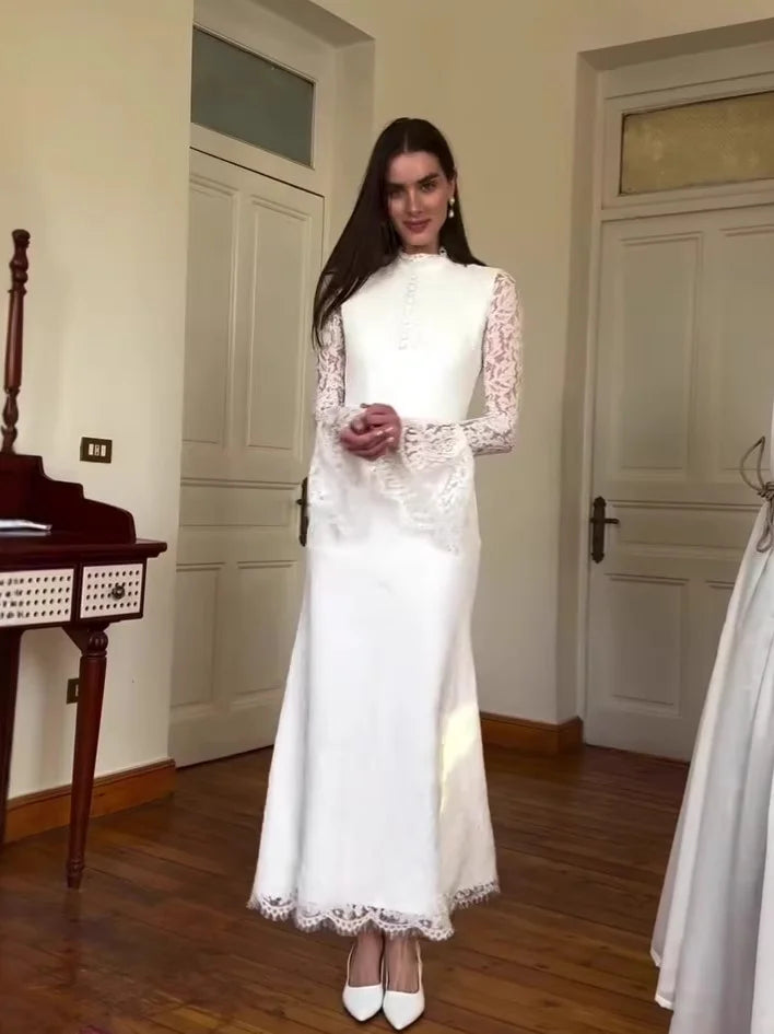 Stand Collar Lace Flared Sleeve Gown - Retro Atmospheric Wedding Maxi Dress