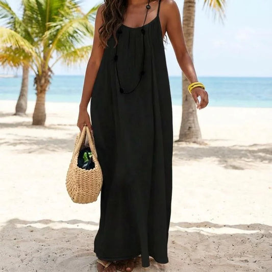 Dark Brown/Black Linen Cotton Spaghetti Strap Backless Loose Maxi Dress