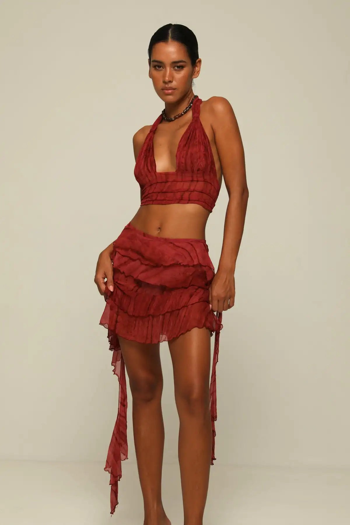 Wine Red Halter Backless Crop Top + Tiered Skirt - Atmospheric Set
