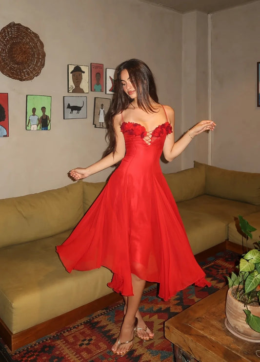 Scarlet Red 3D Floral Lace-Up Waist-Fitted Irregular Ruffled Spaghetti Strap Evening Date Midi Dress