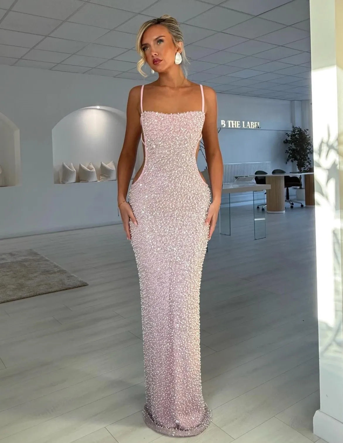 Soft Pink Full Rhinestone Backless Cutout Slim Floor-Length Evening Gown