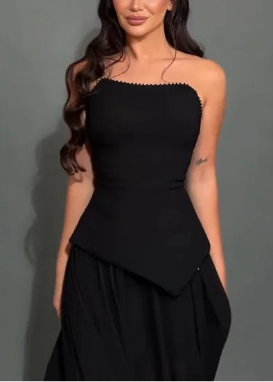 Sexy Pearl Tube Top Solid Color Stitching Maxi Dress