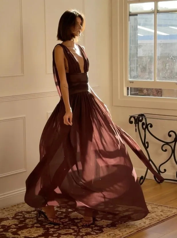 「Burgundy Deep V Backless Gown with Draped Sashes - Evening Maxi Dress」