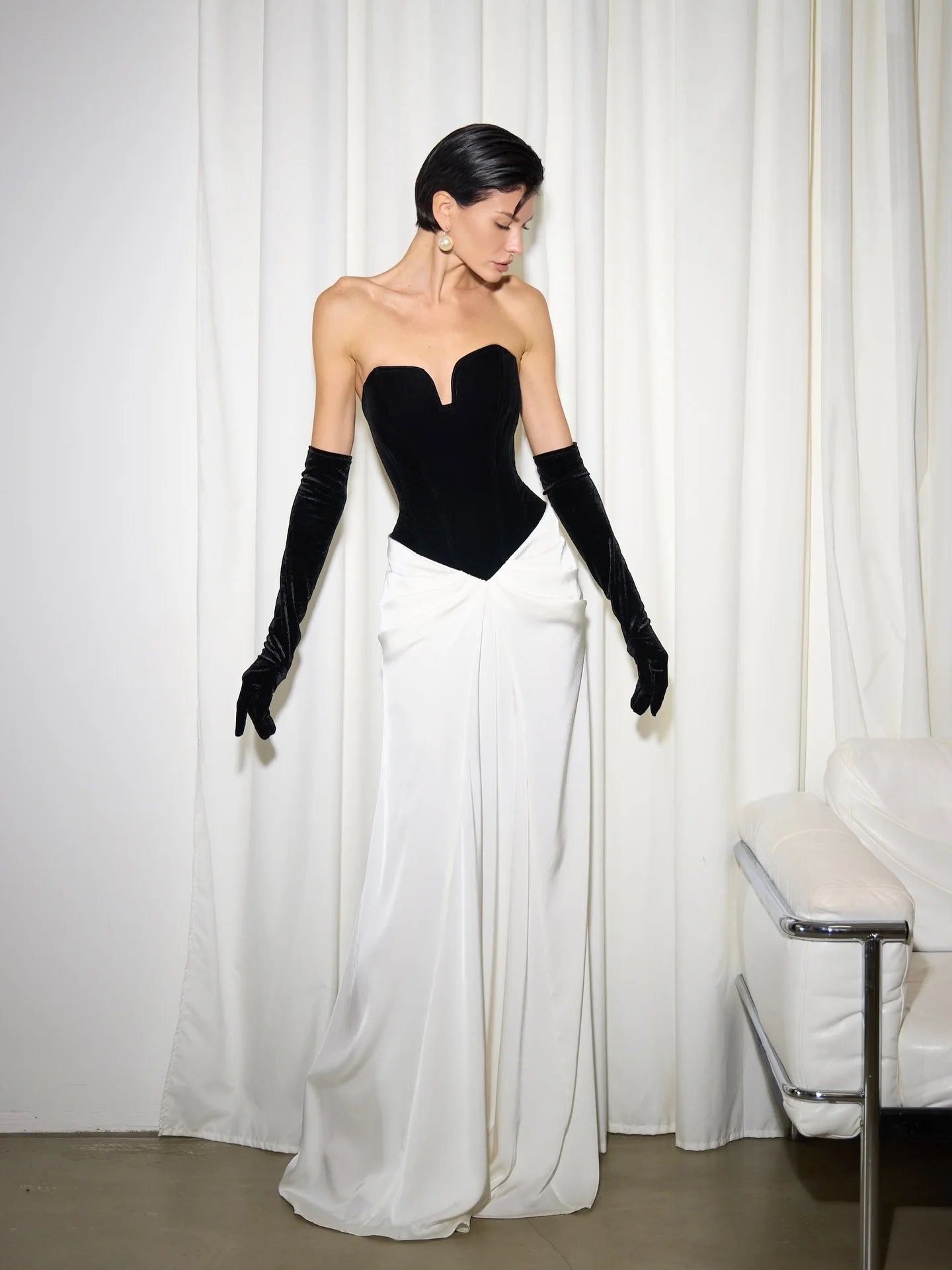 Elegant Black and White Contrast Color Slim Fit Simple Dress