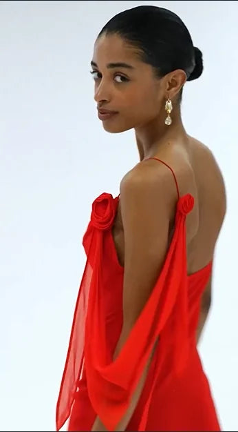 Scarlet Red 3D Rose Decor Spaghetti Strap Backless Draped Evening Maxi Dress