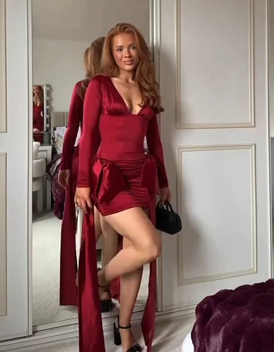 Sexy Long Sleeve Slim Low Cut Bow Mini Skirt