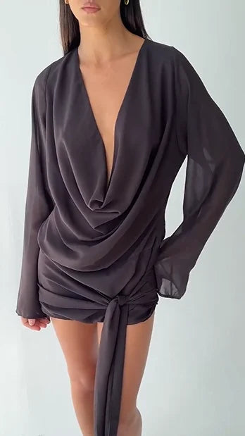 Casual Long Sleeve Low-Cut Lace up Mini Skirt