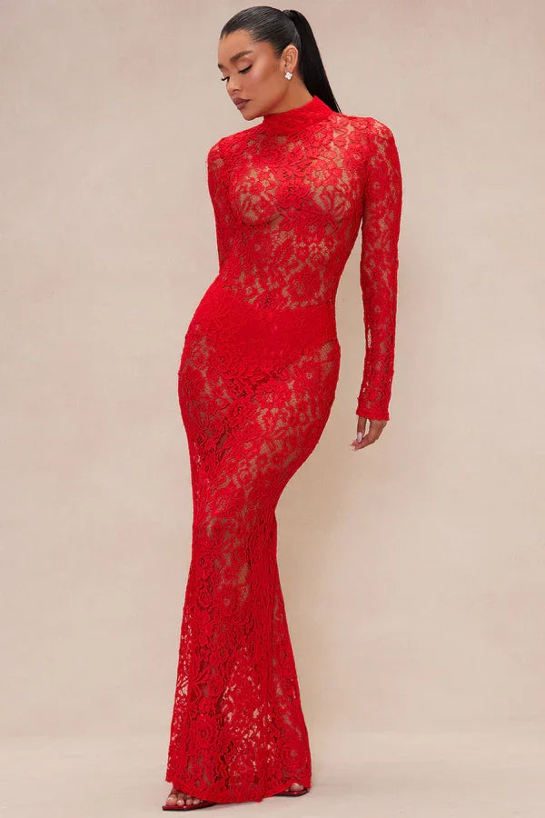 Sexy Long Sleeve round Neck Lace See-through Dress