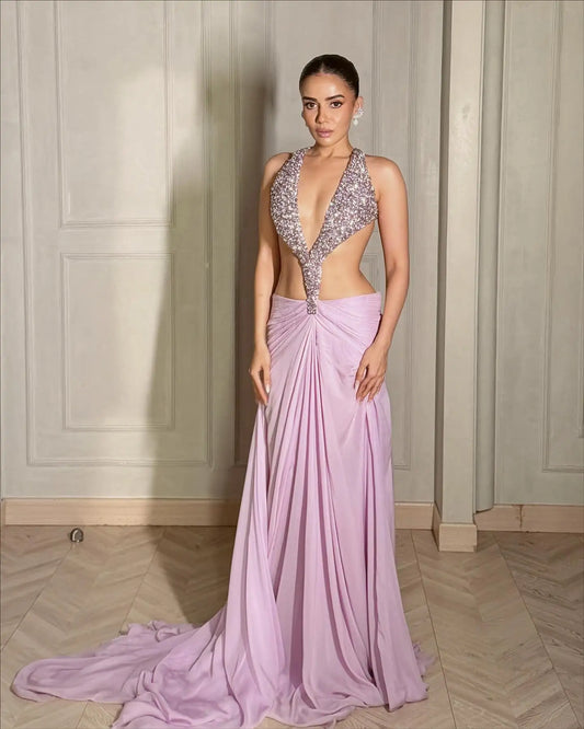 Rhinestone Halter Backless Draped Train Maxi Dress