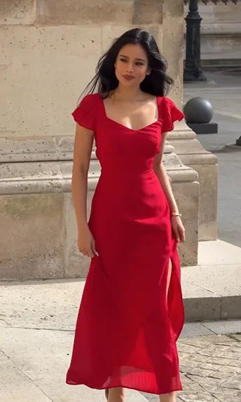 Bright Red Square Neck Flutter Sleeve Back Bow Tie Slit Maxi Dress