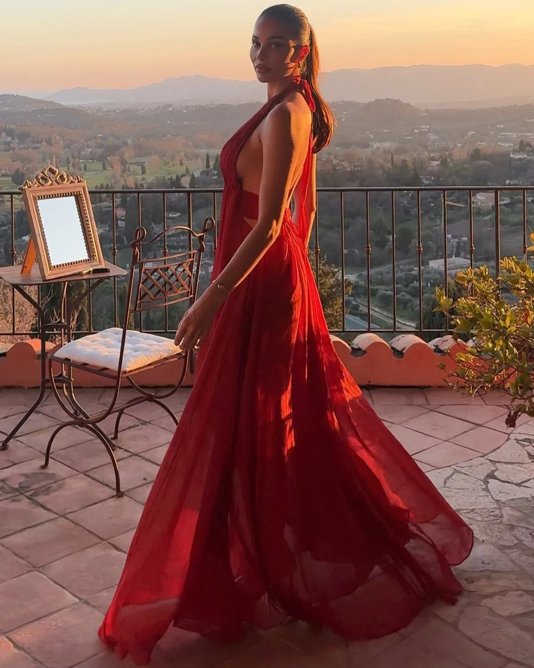 Sexy Halter Deep V-neck Backless Solid Color Dress