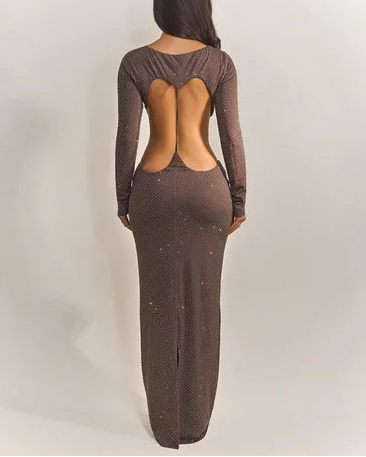 Sexy Shiny Stitching Midriff-Baring Long Sleeve Dress