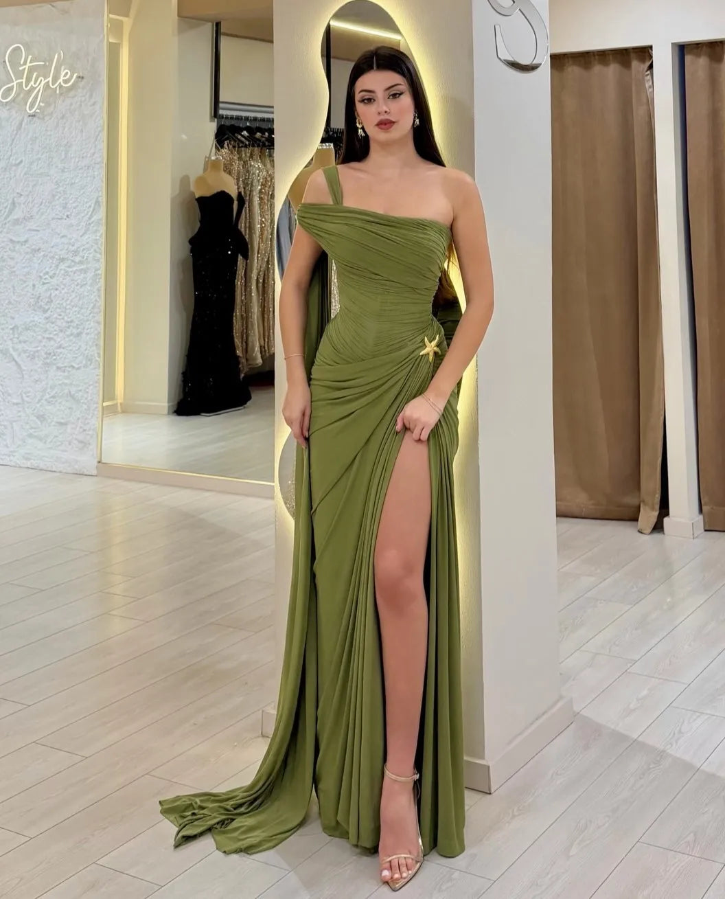 Elegant Olive Green One-Shoulder Ruched High-Slit Train Gown