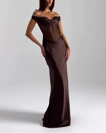 Sexy Patchwork Slightly See-through Solid Color Evening Maxi Dress