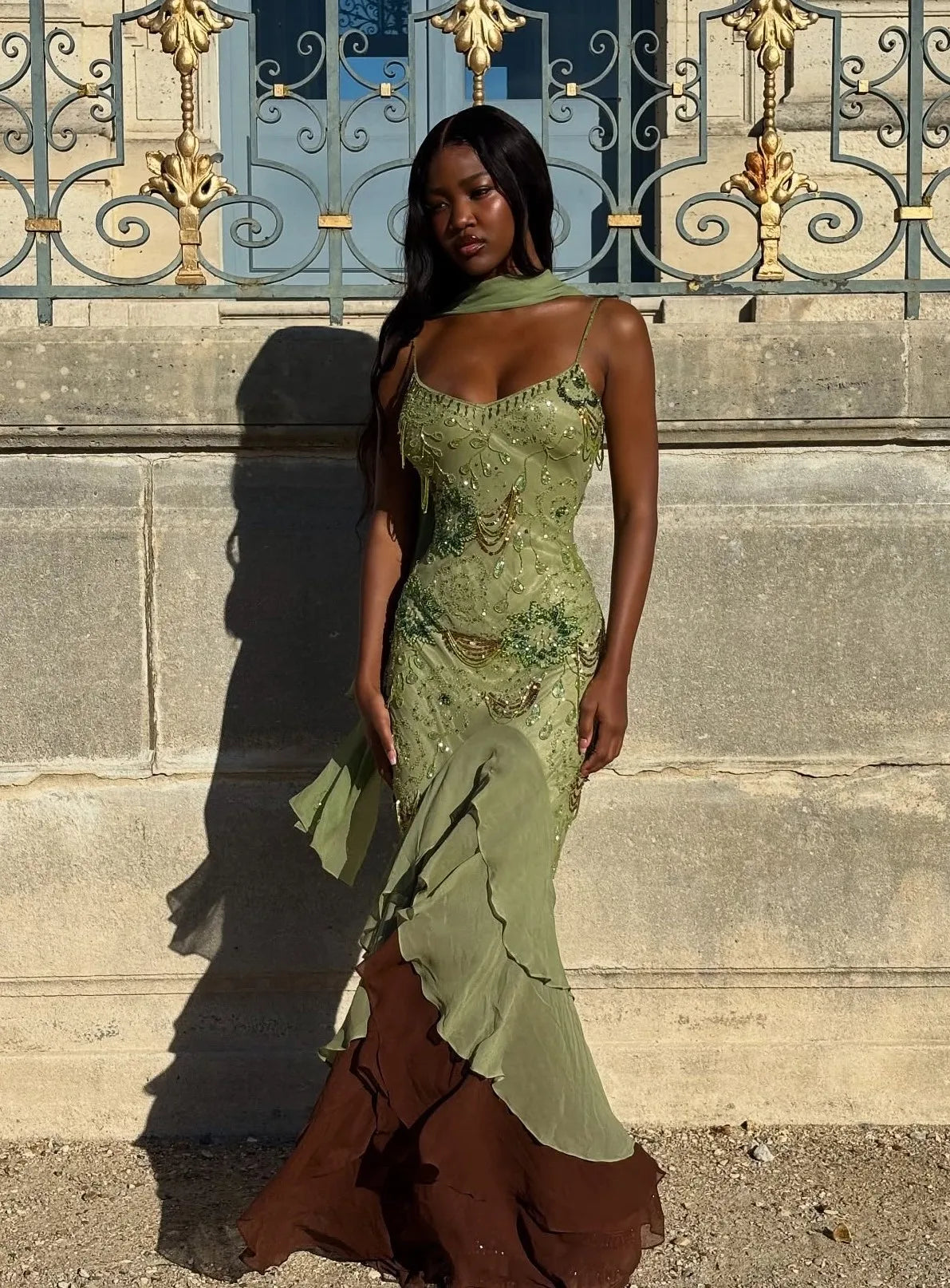 Sexy Sequined Suspender Wooden Ear Stitching Dress