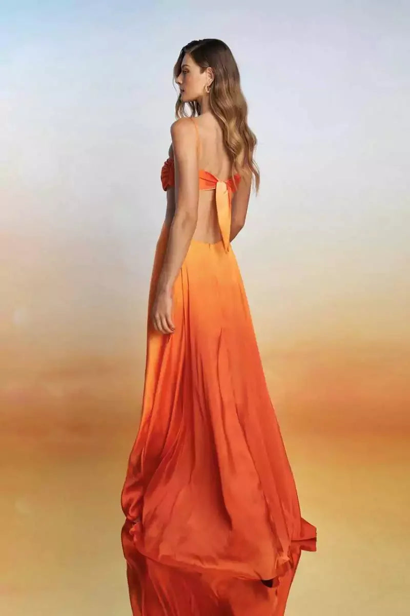 Sunset Orange Satin Rhinestone Accent Backless Vacation Dress