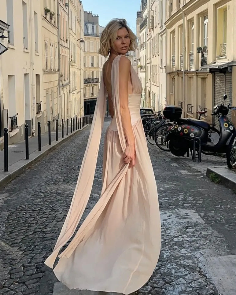 Sexy Backless Waist Trimming Solid Color Elegant Dress