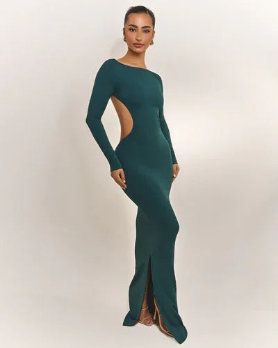Sexy Long Sleeve Backless Slim Fit Solid Color Dress