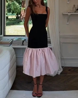 Sexy Sleeveless Sling Color Contrast Patchwork Midi Dress