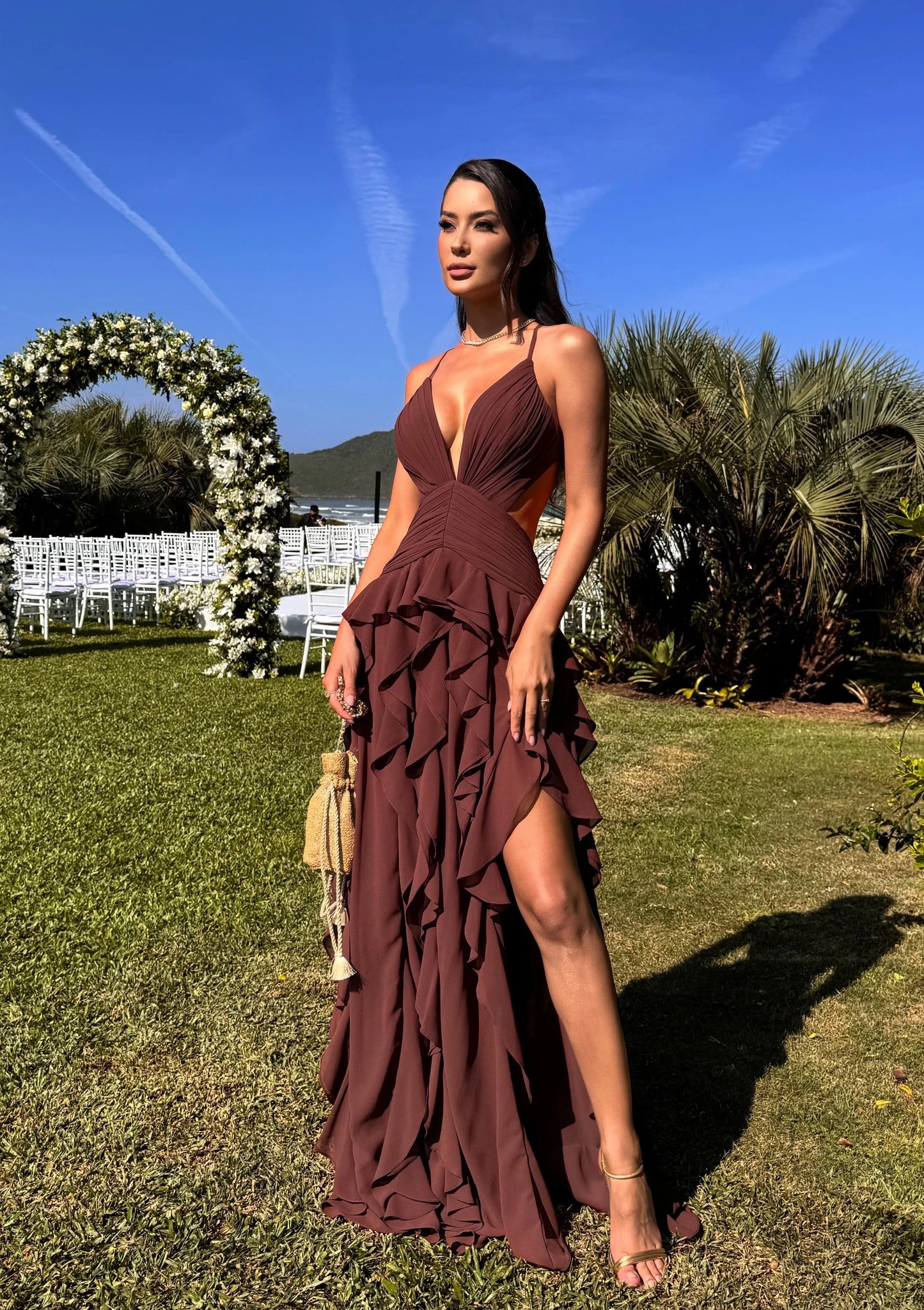 Sexy Deep V Backless Waist Trimming Stringy Selvedge Dress