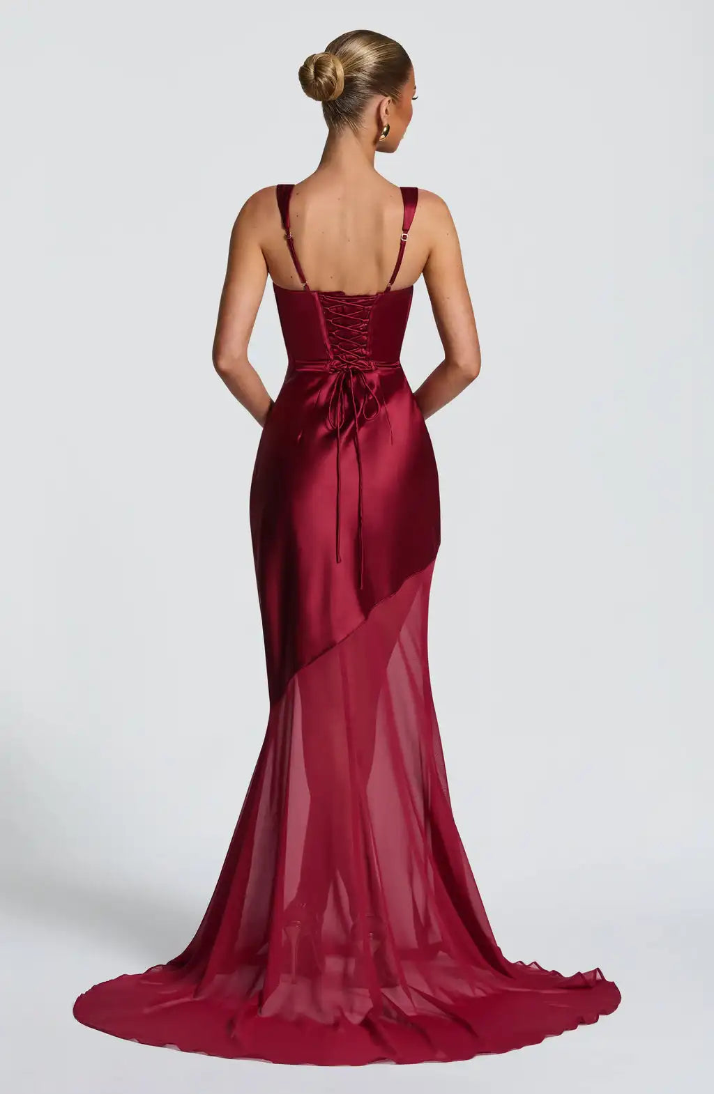 Burgundy Satin & Sheer Panel Gown - Mermaid Train Maxi Dress