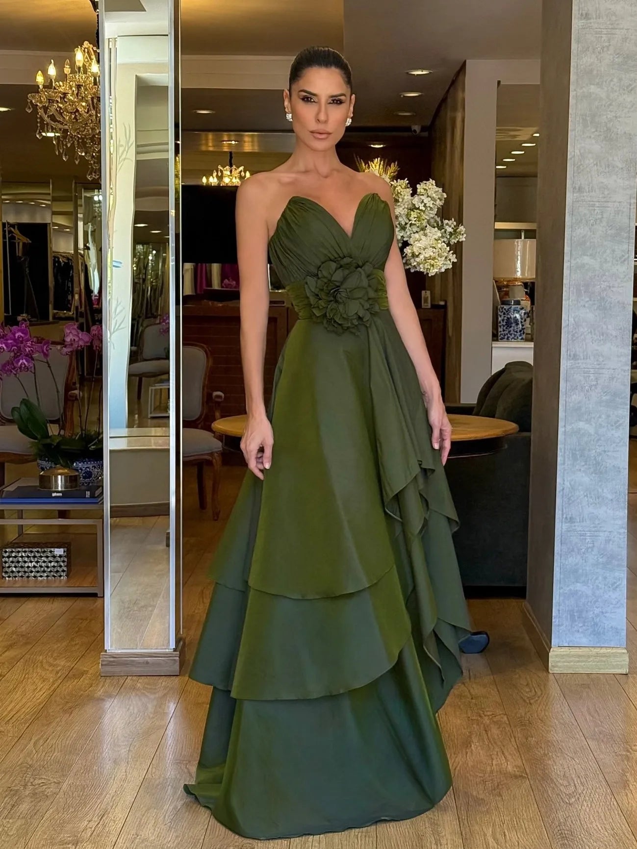 Olive Green Strapless Tiered Gown - 3D Floral Detail Elegant Maxi Dress