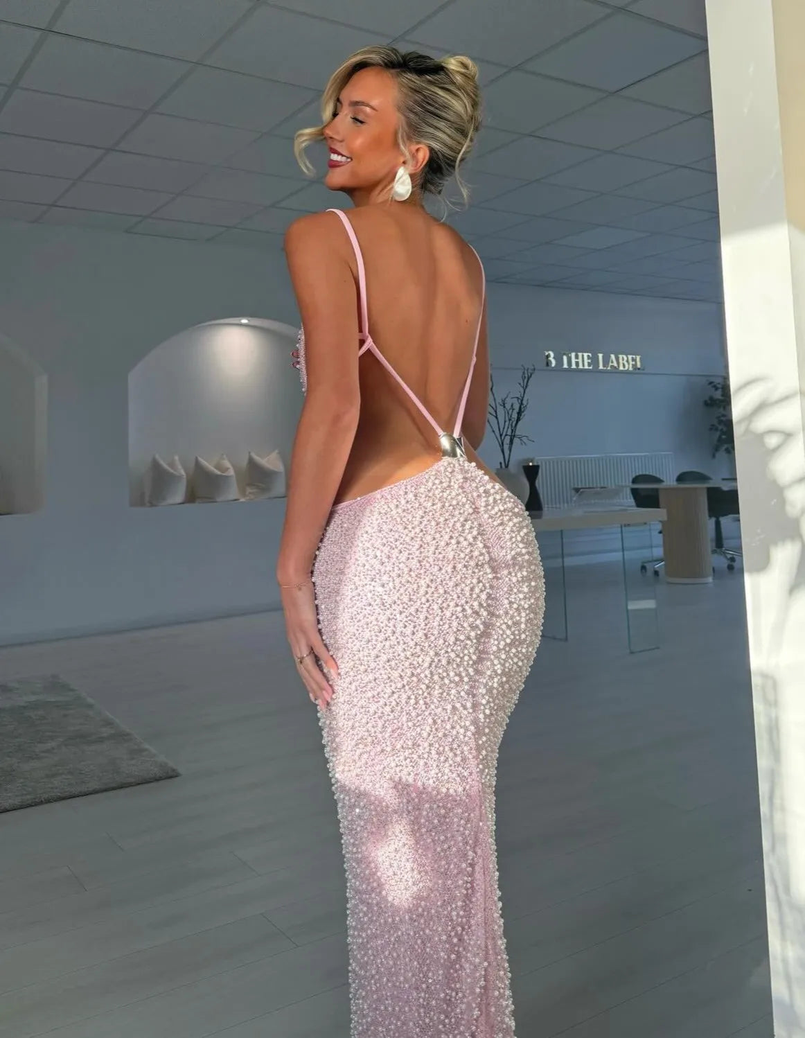 Soft Pink Full Rhinestone Backless Cutout Slim Floor-Length Evening Gown