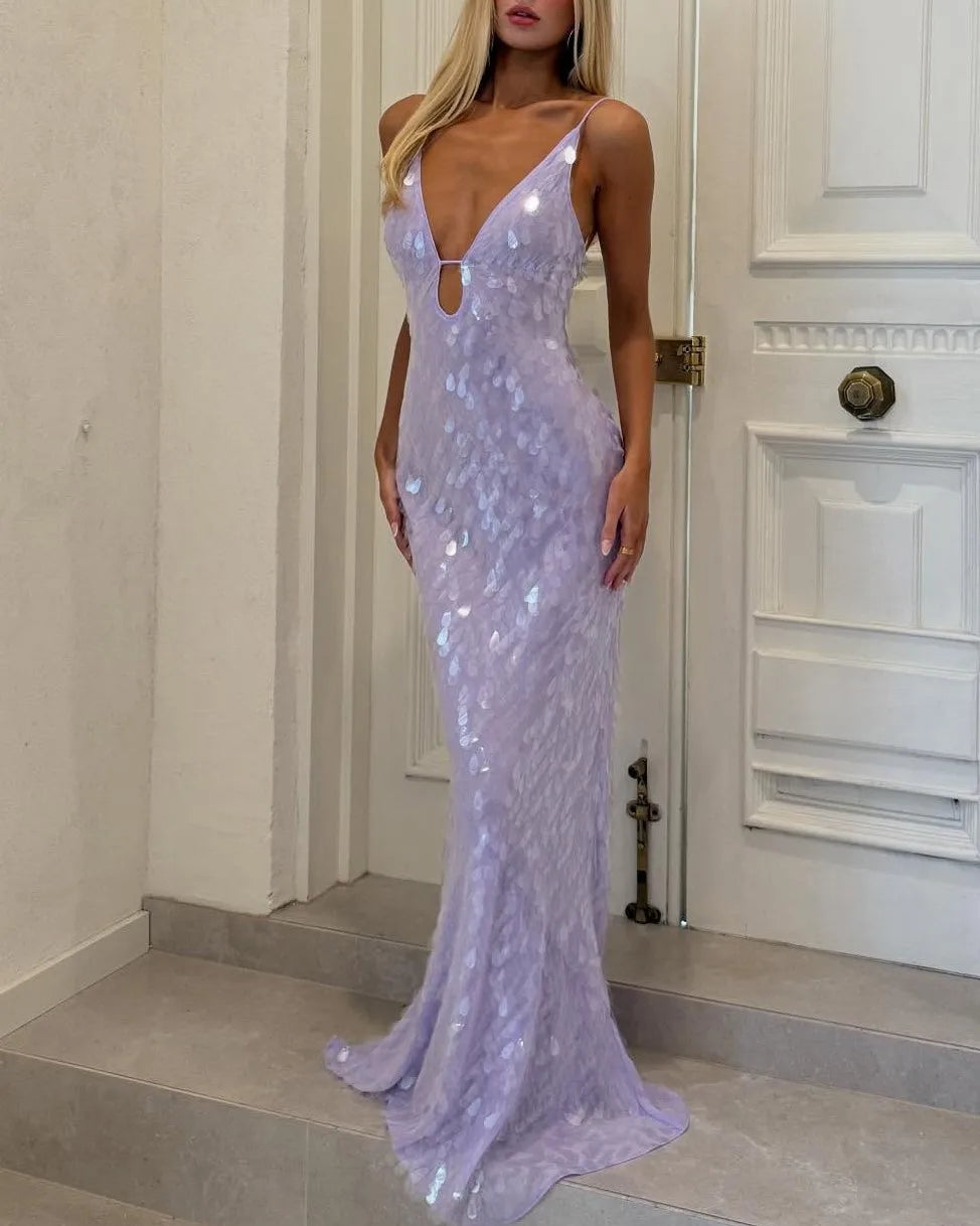 Sexy Hollow-out Camisole Super Deep V Colorful Sequin Dress