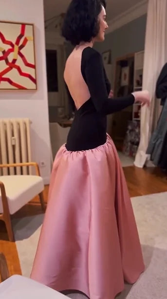 Black-Pink Color-Block Full Skirt Dress - Backless Retro Atmospheric Gown