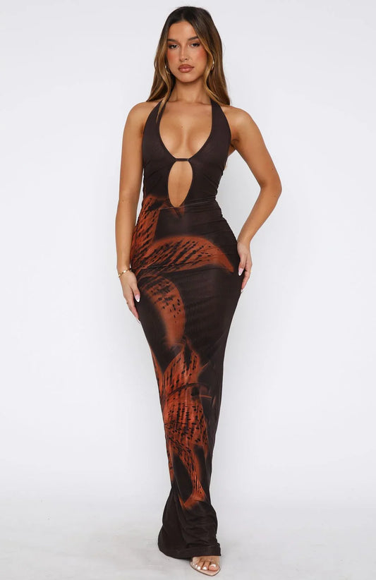 Sexy Halter Hollow Print Dress