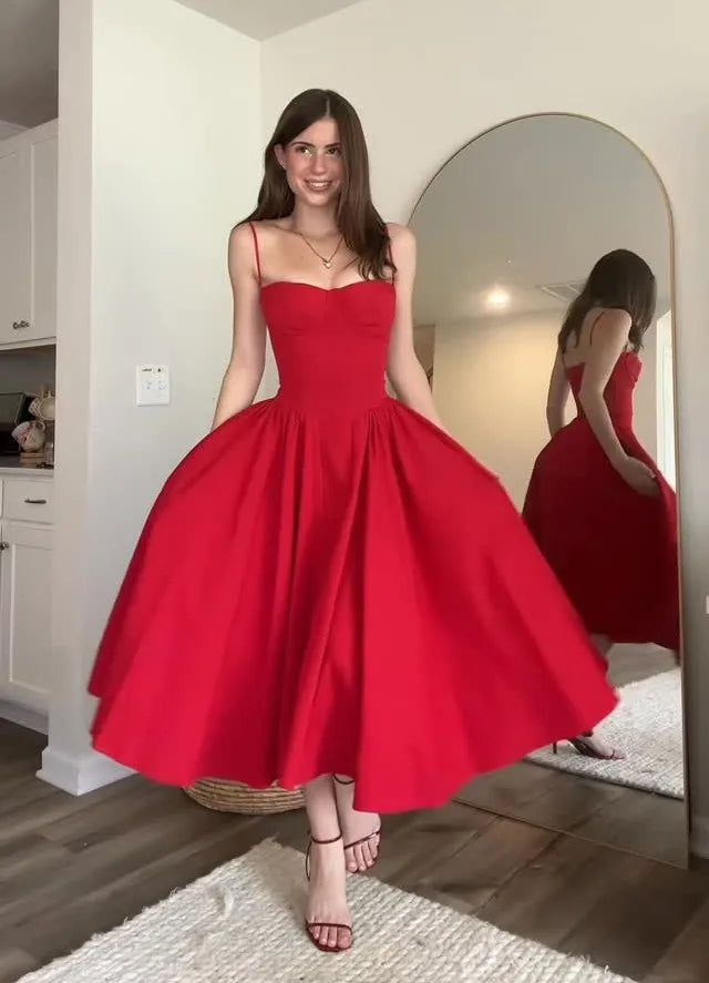 Sexy Sling Waist-Controlled Large Hem Solid Color Dress
