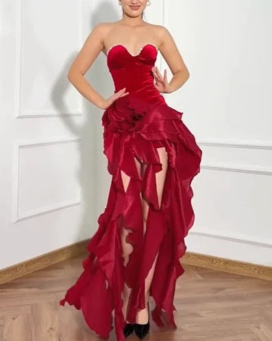 Sexy Tube Top Cinched Waist Fungus Tassel Maxi Dress