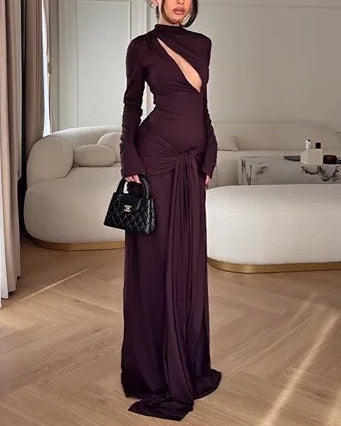 Sexy Long Sleeve Hollow out Solid Color Lace-up Maxi Dress