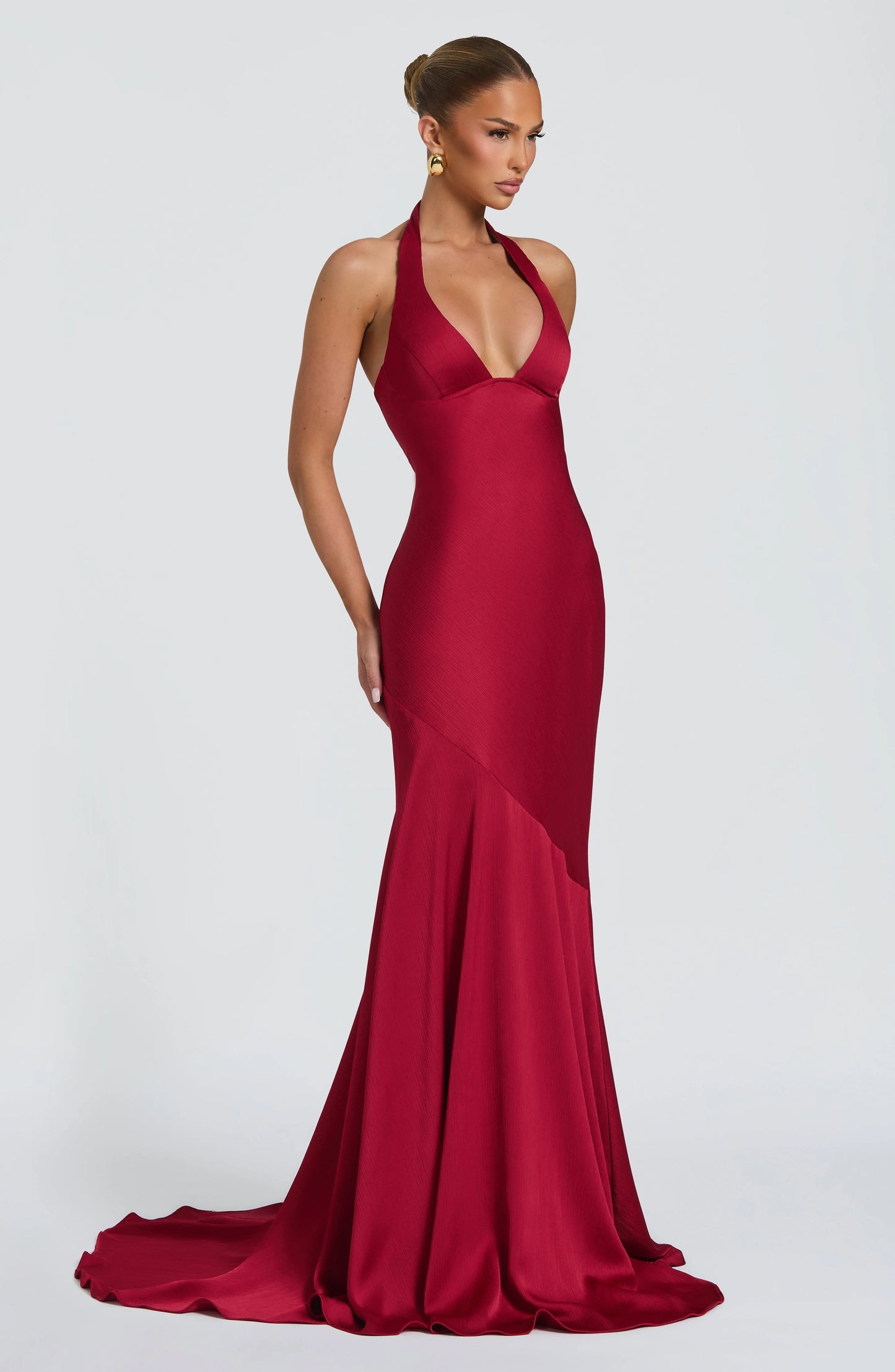 Sexy Halter Deep V Neck Solid Color Stitching Dress