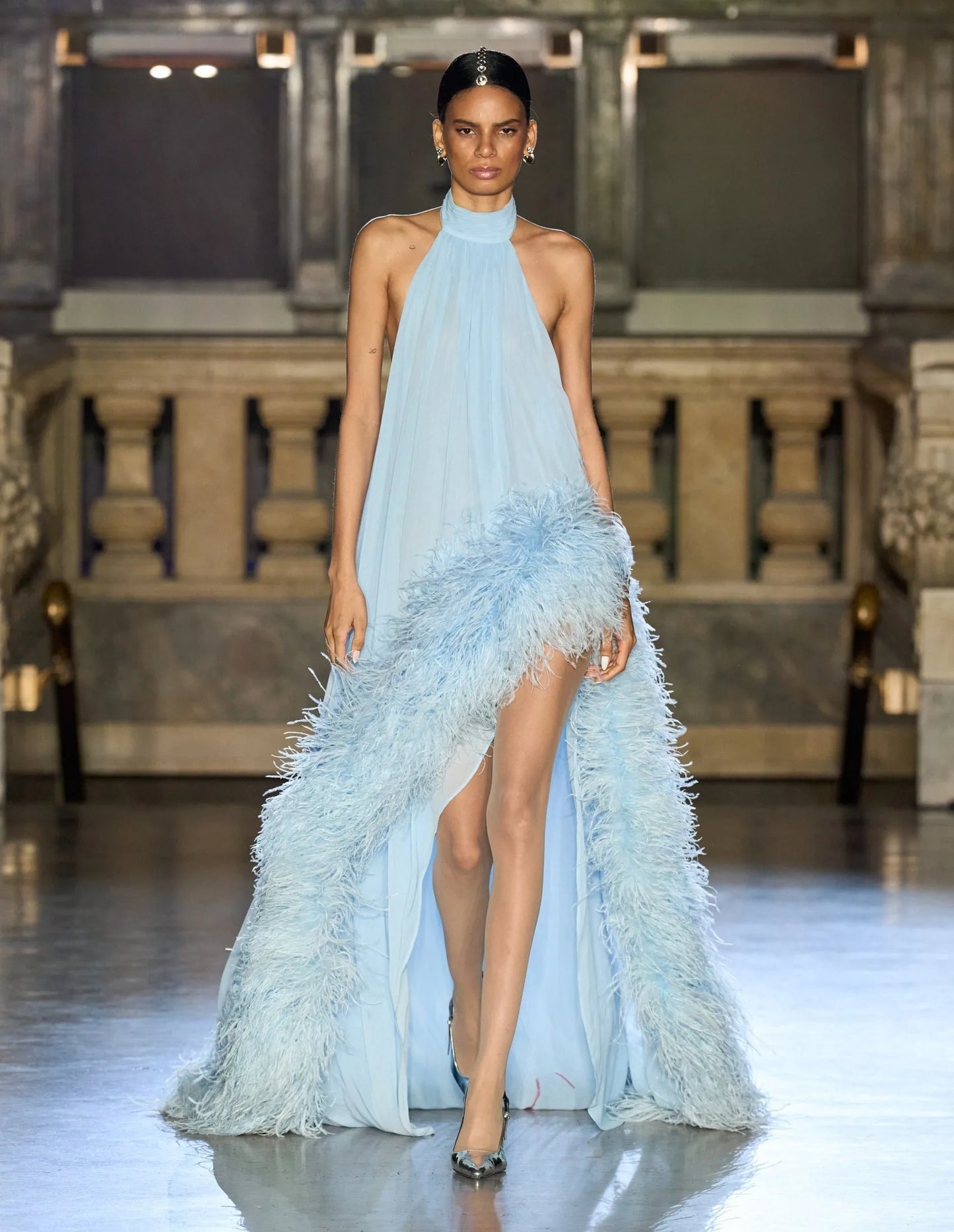 Light Blue Halter Feather Trim Backless High-Slit Evening Gown