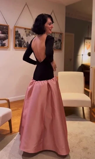 Black-Pink Color-Block Full Skirt Dress - Backless Retro Atmospheric Gown