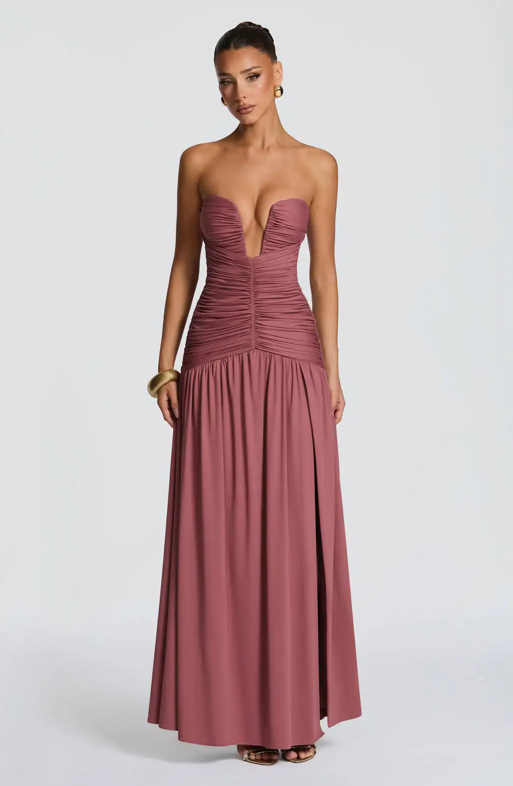Deep V-Neck Ruched Paneled High Slit Strapless Maxi Dress