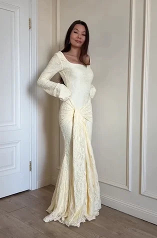 Cream Apricot Square Neck Long Sleeve Lace Twist Knot Waist Mermaid Wedding Gown Maxi Dress