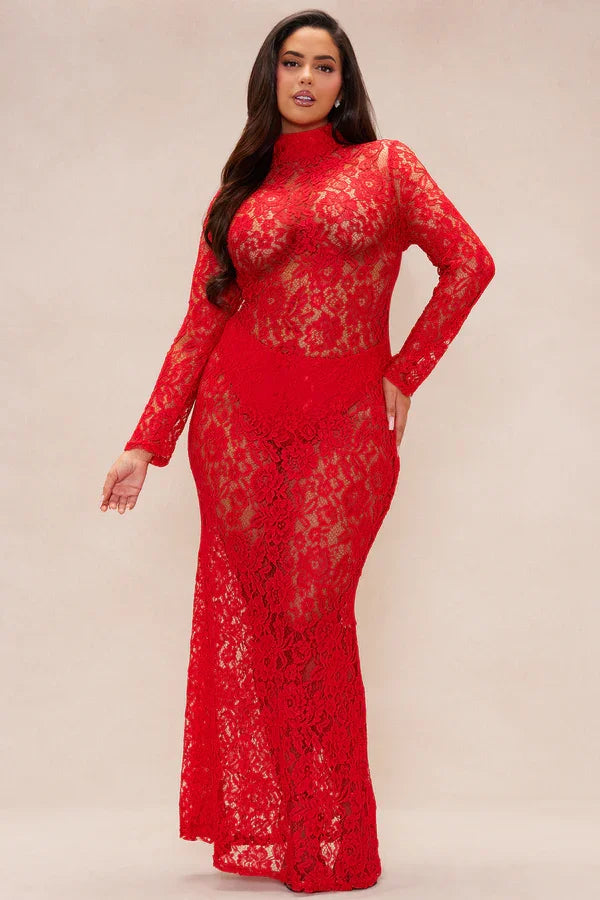 Sexy Long Sleeve round Neck Lace See-through Dress
