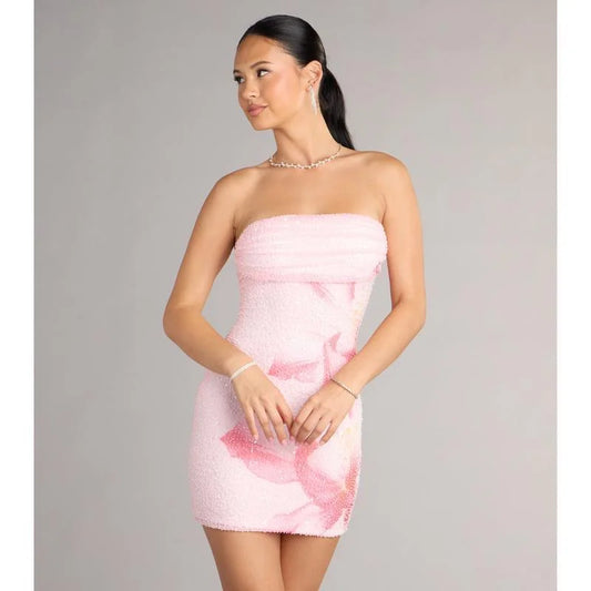 Pink Strapless Beaded Floral Bodycon Mini Dress