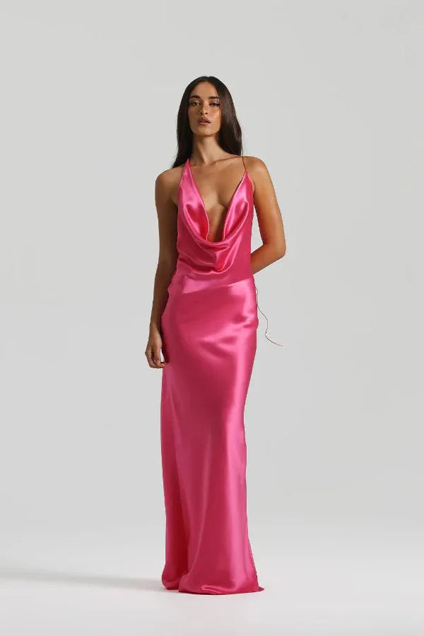 Sexy Sleeveless Deep V Halter Solid Color Evening Dress