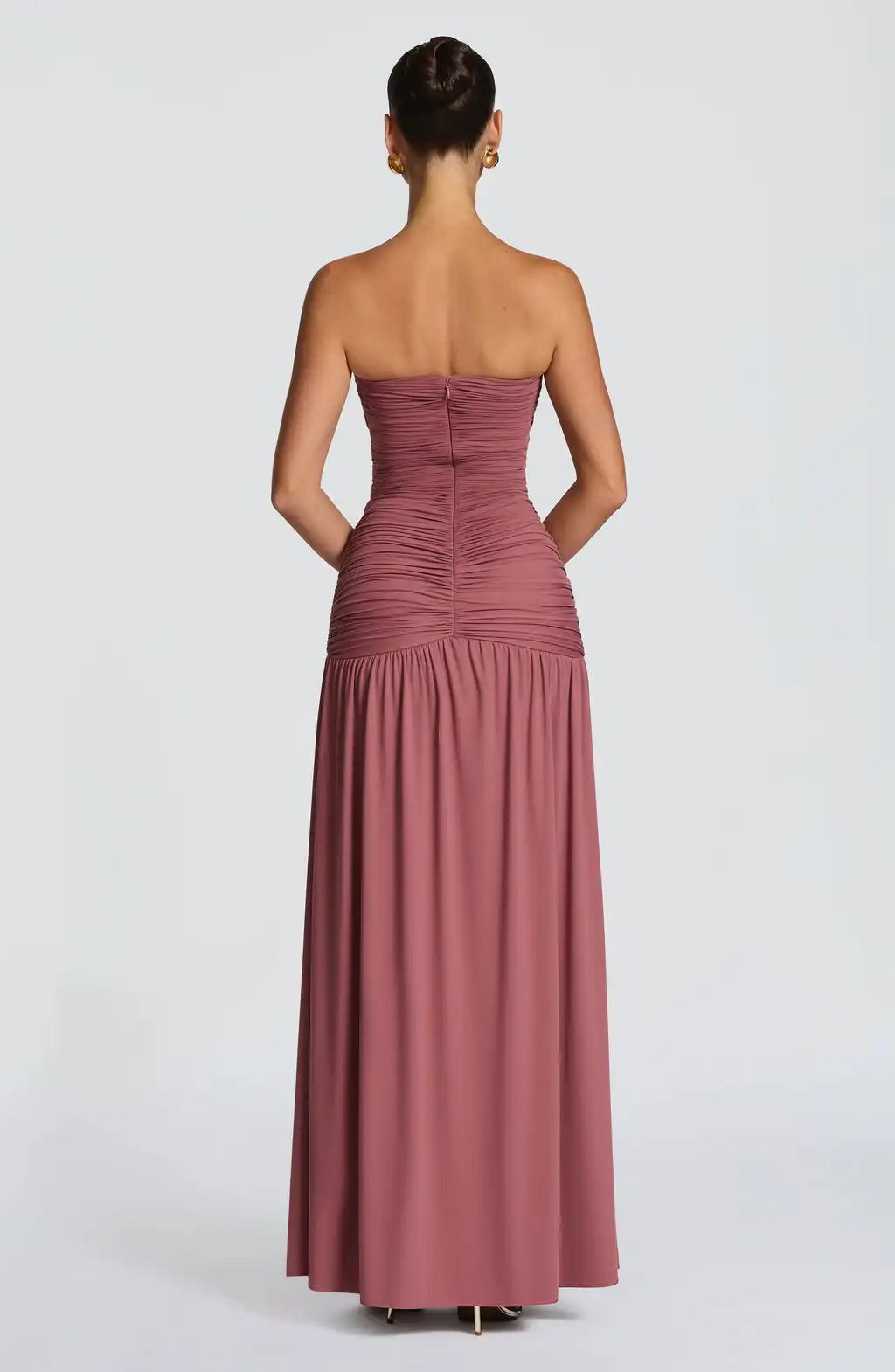 Deep V-Neck Ruched Paneled High Slit Strapless Maxi Dress