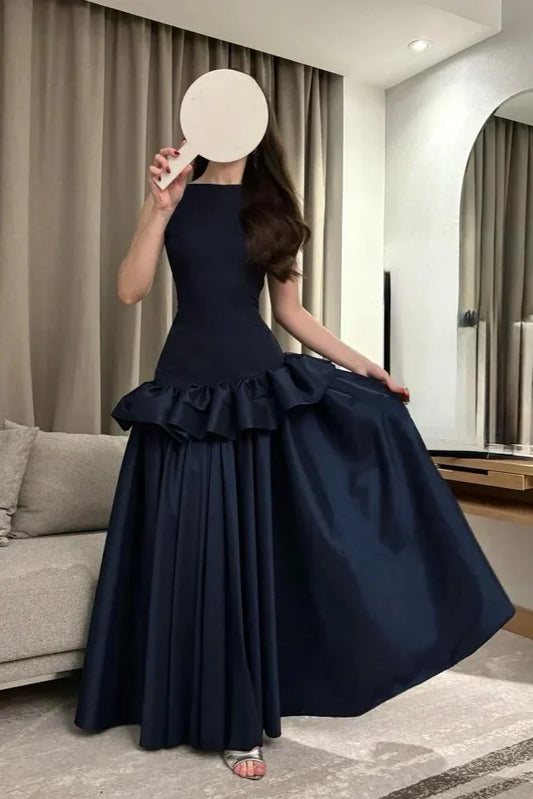 Navy Blue Sleeveless Full Skirt Gown - 3D Waist Ruffle Elegant Evening Maxi Dress