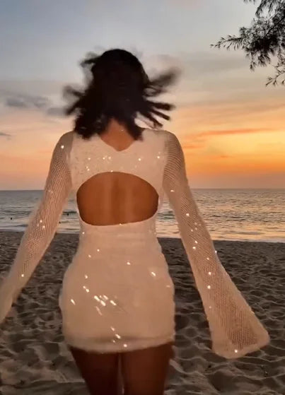 Vacation Style White Sequin Cutout Backless Knit Long-Sleeve Dress