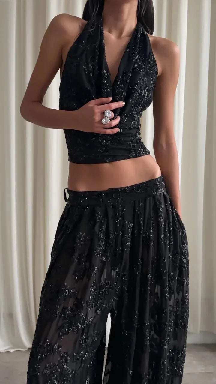 Sexy Backless Fashion Shiny Blouse and Pants